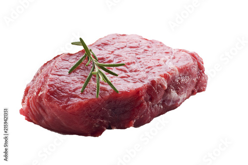 Fresh raw beef steak with fresh rosemary sprig on white background, premium