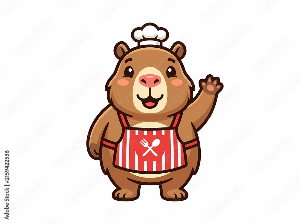 Obraz premium Cute capybara chef character wearing an apron and hat waving hand.