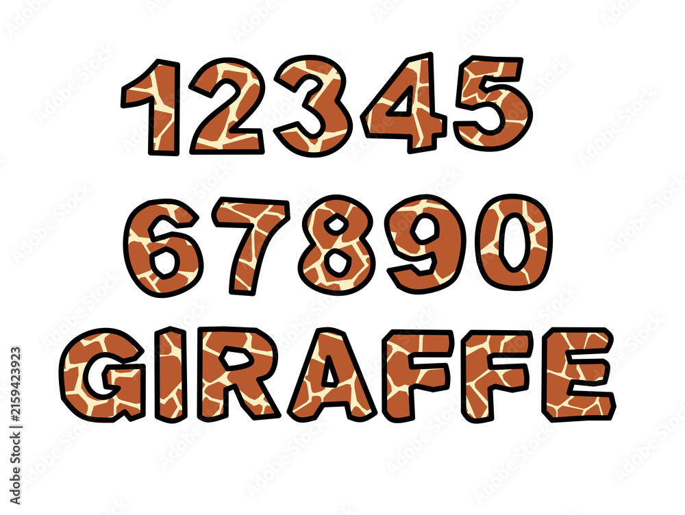 Fototapeta premium A set of numbers with a giraffe skin pattern, animal skin pattern, the word giraffe with its skin pattern isolated transparent background
