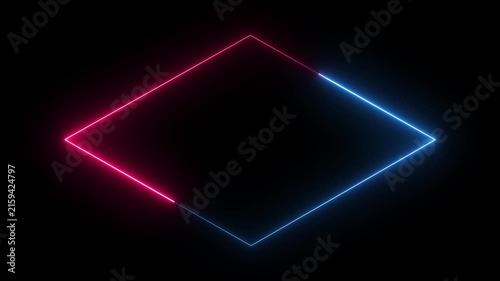 Glowing neon pink and blue isometric diamond frame animation. Futuristic geometric border for gaming screen. 4K motion video.