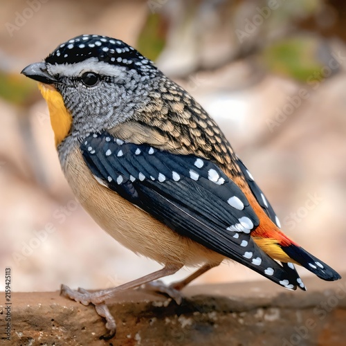 Male spotted pardalote Australian native bird perched outdoors close up view