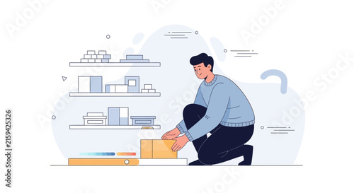 Man packing boxes in a warehouse, e-commerce fulfillment and logistics concept, flat design vector illustration