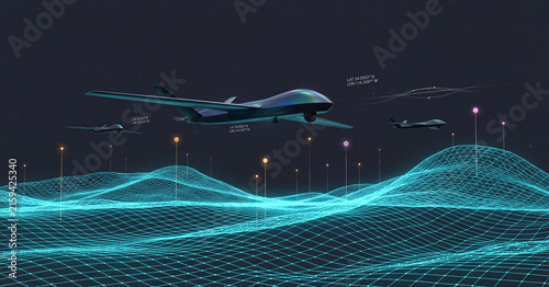 Military surveillance drones flying over digital wireframe landscape with holographic mapping data interface against a dark blue background visualization