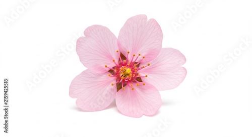Delicate Pink Blossom: A single, perfect pink flower, likely a cherry blossom, isolated on a clean white background, showcasing its intricate details and soft petals.