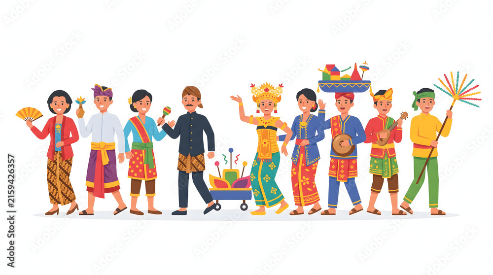 Fototapeta premium Diverse group of Indonesians wearing colorful traditional clothing for a cultural parade