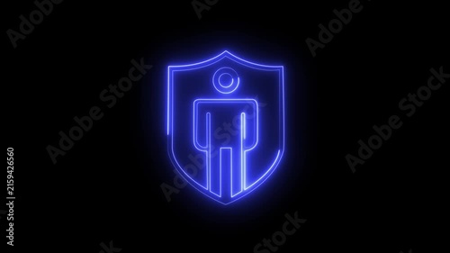 Glowing blue neon user protection shield animation icon. Cyber security privacy concept in seamless loop. 4k motion graphic.