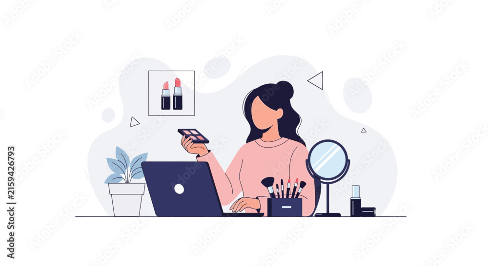 Fototapeta premium Woman applying makeup, watching tutorial on laptop, beauty influencer concept, vector illustration