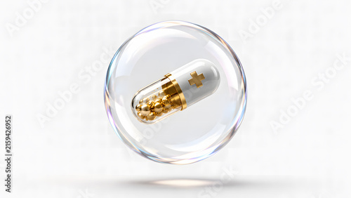 A white and gold medical capsule pill with a cross emblem floats inside a transparent glass bubble isolated on a bright white background.