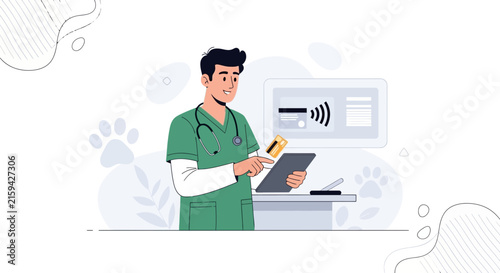 Veterinarian Using Tablet and Credit Card for Payment in Modern Clinic
