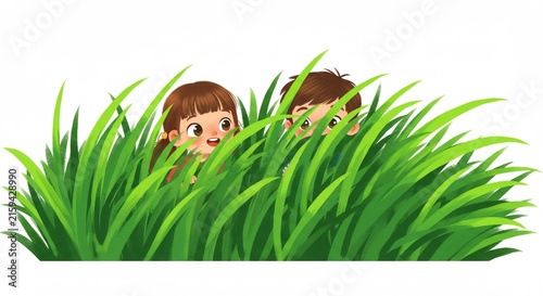Peek-a-boo in the Meadow: Two playful children hide amongst tall blades of lush green grass, their eyes peeking out with curiosity and mischief, ready for a game of hide-and-seek.