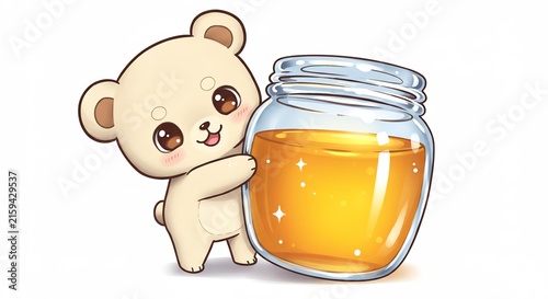 Cute Bear Hugging Honey Jar: An adorable cartoon bear with big, sparkling eyes lovingly embraces a brimming jar of golden honey, conveying sweetness and delight.