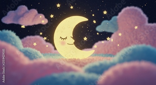 Dreamy Night Sky: A whimsical crescent moon with closed eyes and a gentle smile rests amongst soft, fluffy clouds in a starlit night sky, evoking a sense of peace and wonder.