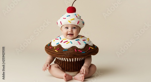 Adorable Baby in Cupcake Costume: A happy baby dressed in a cute, crocheted cupcake costume sits and smiles, radiating pure joy and sweetness. Perfect for celebrations or capturing precious moments.