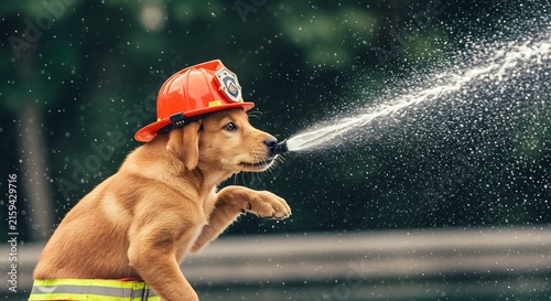 Little Firefighter Dog: A cute golden retriever puppy dressed as a firefighter, wearing a red helmet and yellow vest, bravely sprays water from a hose in this humorous and charming scene.