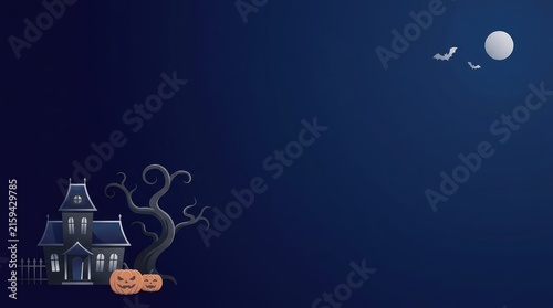 Spooky halloween scene with haunted house ghost pumpkin and full moon in a dark night sky