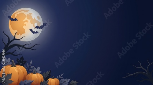 A delightfully spooky halloween night features a bright full moon alongside pumpkins bats and dark silhouetted tree branches
