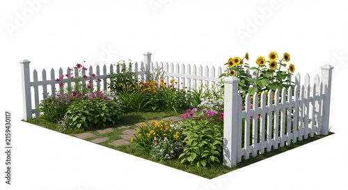 Idyllic Garden Haven: A charming white picket fence encloses a vibrant garden bursting with colorful flowers and lush greenery, featuring sunflowers reaching for the sky.
