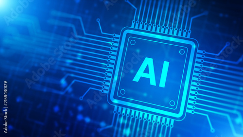 Artificial intelligence, Semiconductor technology. AI processor chip symbolizes machine learning, neural computing, digital innovation, high performance computing and advanced microelectronics.