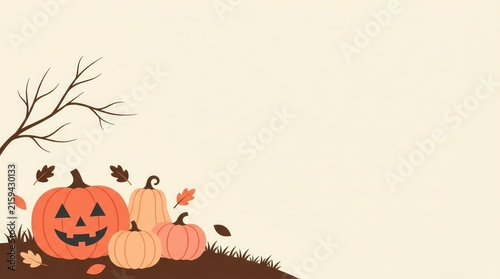 Festive halloween scene with pumpkins a ghost and bare branches against a neutral background