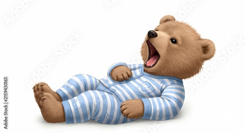 Sleepy Bear Cub in Pajamas: A cute, sleepy bear cub wearing blue and white striped pajamas is lying down and yawning widely, expressing a desire for sleep and rest.