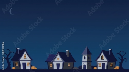Spooky halloween town illustration with silhouetted houses under a dark and mysterious night sky