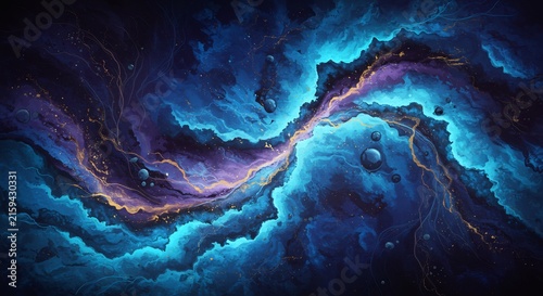 Cosmic Tapestry: A mesmerizing nebula paints the void with swirling blues, vibrant purples, and ethereal gold, hinting at the birth of stars and cosmic wonders.