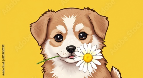 Adorable Puppy with Daisy: A heartwarming illustration of a fluffy puppy holding a delicate daisy in its mouth, exuding innocence and charm against a vibrant yellow background.