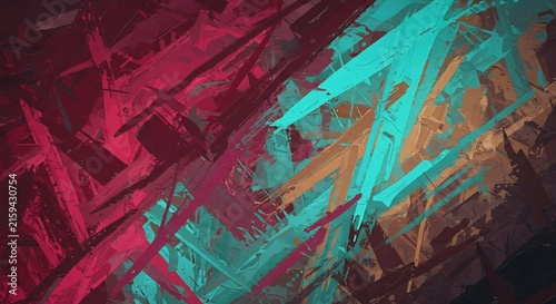 Abstract Brushstroke Chaos: A dynamic interplay of vibrant red and turquoise brushstrokes creates a chaotic yet captivating abstract composition, evoking raw energy and artistic expression.