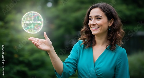 The World of Opportunity: A smiling woman gazes at a glowing orb representing opportunity, floating above her outstretched hand, symbolizing global connection and potential.