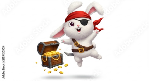 Pirate Bunny's Treasure Hunt: A whimsical cartoon bunny dressed as a pirate, complete with an eyepatch and red bandana, joyfully leaps beside an open treasure chest overflowing with gold coins.