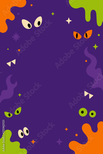Vibrant halloween background vector with eerie eyes, sharp fangs, and playful drips. Perfect for seasonal designs, party invitations, banners, and spooky event promotions. Flat cartoon style.