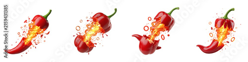 Red chili peppers exploding with fire and liquid energy on black background