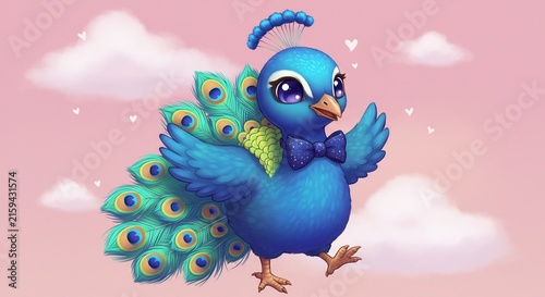 Cute Peacock Cartoon Character: A charming, cartoonish peacock with large, expressive eyes and a vibrant blue and green plumage, adorned with a bow tie, floats joyfully against a soft pink.