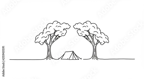Camping Bliss: A minimalist illustration of a tent nestled between two stylized trees, symbolizing an outdoor adventure and a connection with nature.
