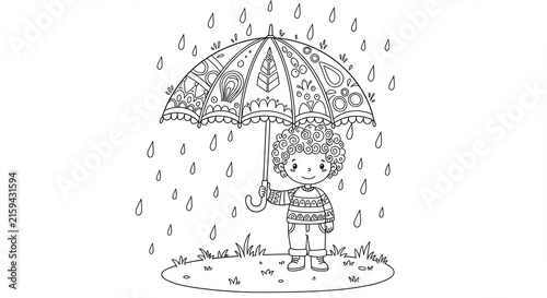 Rainy Day Companion: A child with curly hair stands under a beautifully decorated umbrella, shielding them from the gentle rain. The scene evokes a sense of simple joy and comfort during a wet day.