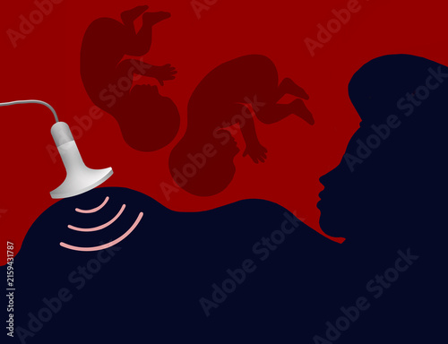Conceptual graphic illustrating ultrasound technology visualizing unborn twins during a medical checkup.