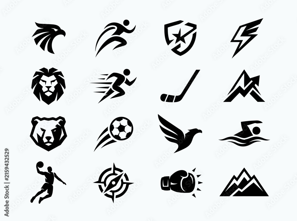 Fototapeta premium Minimalist Sports and Animal Logo Icon Set - Black Vector Symbols for Athletics and Fitness Branding
