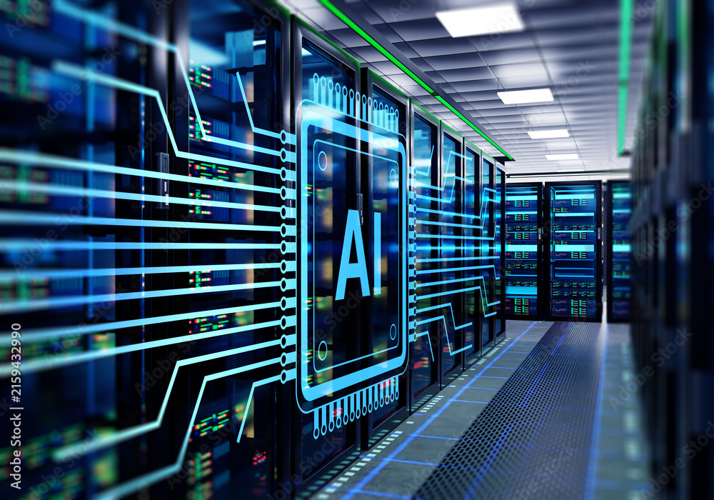 Naklejka premium Artificial intelligence infrastructure. AI servers process machine learning workloads in data center environment, supporting cloud computing and high performance analytics.