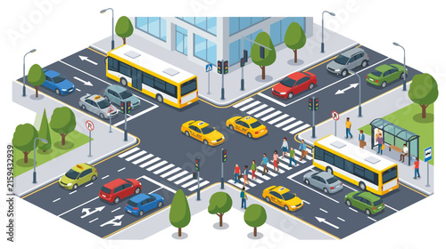 Isometric City Crossroads with Traffic, Pedestrians, and Buildings