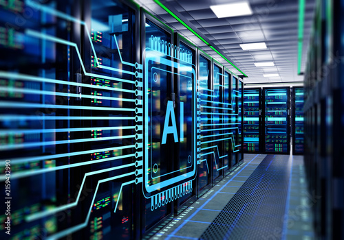Artificial intelligence infrastructure. AI servers process machine learning workloads in data center environment, supporting cloud computing and high performance analytics.