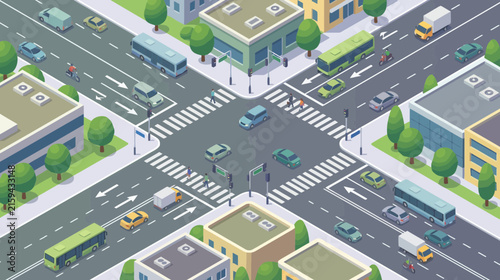 Isometric city intersection with busy traffic and buildings in a sunny day.