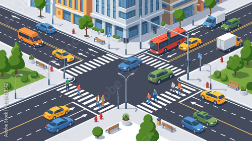 Isometric City Intersection with Busy Traffic and Pedestrians