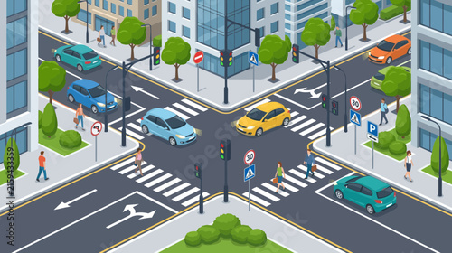 Isometric City Intersection with Cars, Pedestrians and Traffic Lights