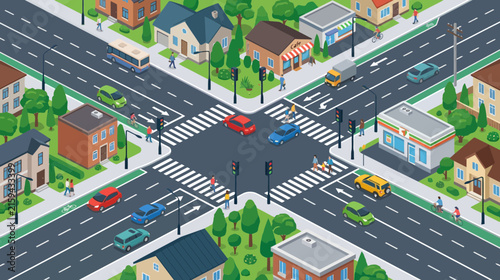 Isometric City Intersection with Cars, Pedestrians, and Buildings