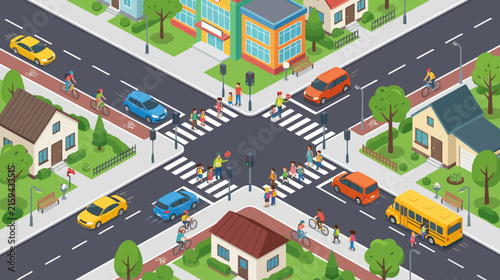 Isometric City Intersection with Traffic and Pedestrians - Busy Crossroads
