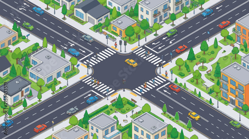 Isometric City Intersection with Traffic and Houses