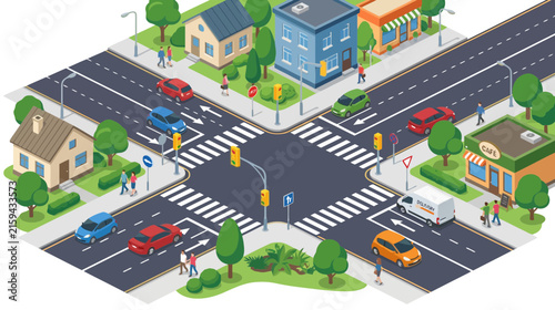 Isometric City Intersection with Traffic and Pedestrians, Busy Crossroad