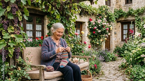 Senior woman knitting wool sock on bench in rustic garden courtyard