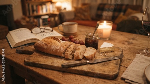 Cozy rustic wooden table setting with freshly sliced bread cheese candle