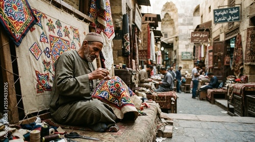 Traditional artisan embroidering colorful textile handicraft in old market